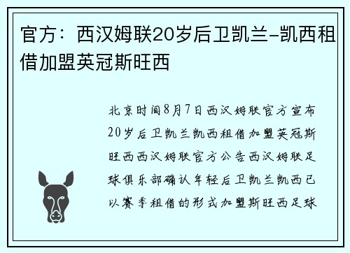 官方：西汉姆联20岁后卫凯兰-凯西租借加盟英冠斯旺西